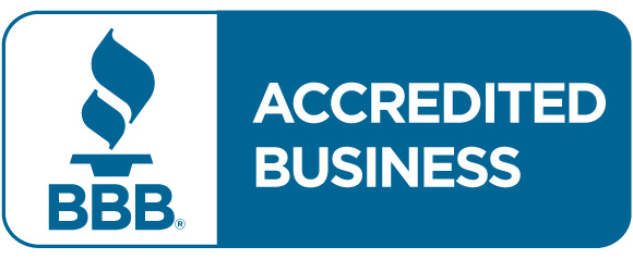 A blue and white logo that says accredited business.